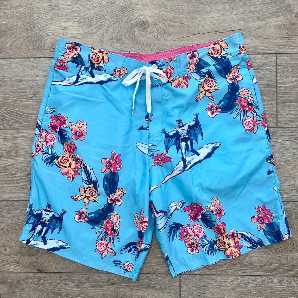 Batman Superhero Tropical‎ Allover Print Swim Trunks Men’s XL Pocket Blue